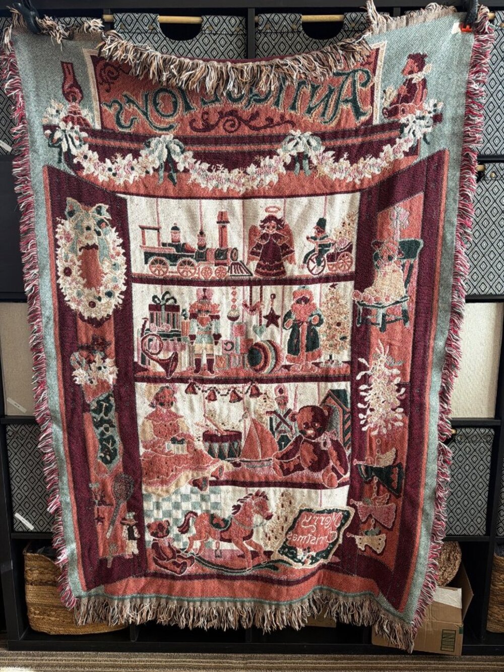 Vintage Fieldcrest Antique Toys Cotton Christmas Tapestry Throw Blanket 46 X 68 - Picture 7 of 13